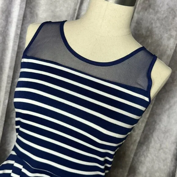Poof Junior Navy & White Striped Mini Fit Flare Dress Coastal Nautical - Picture 2 of 7